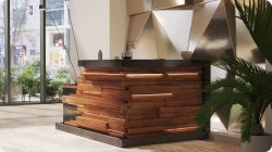 Lada recepcyjna z drewnianymy dekorami